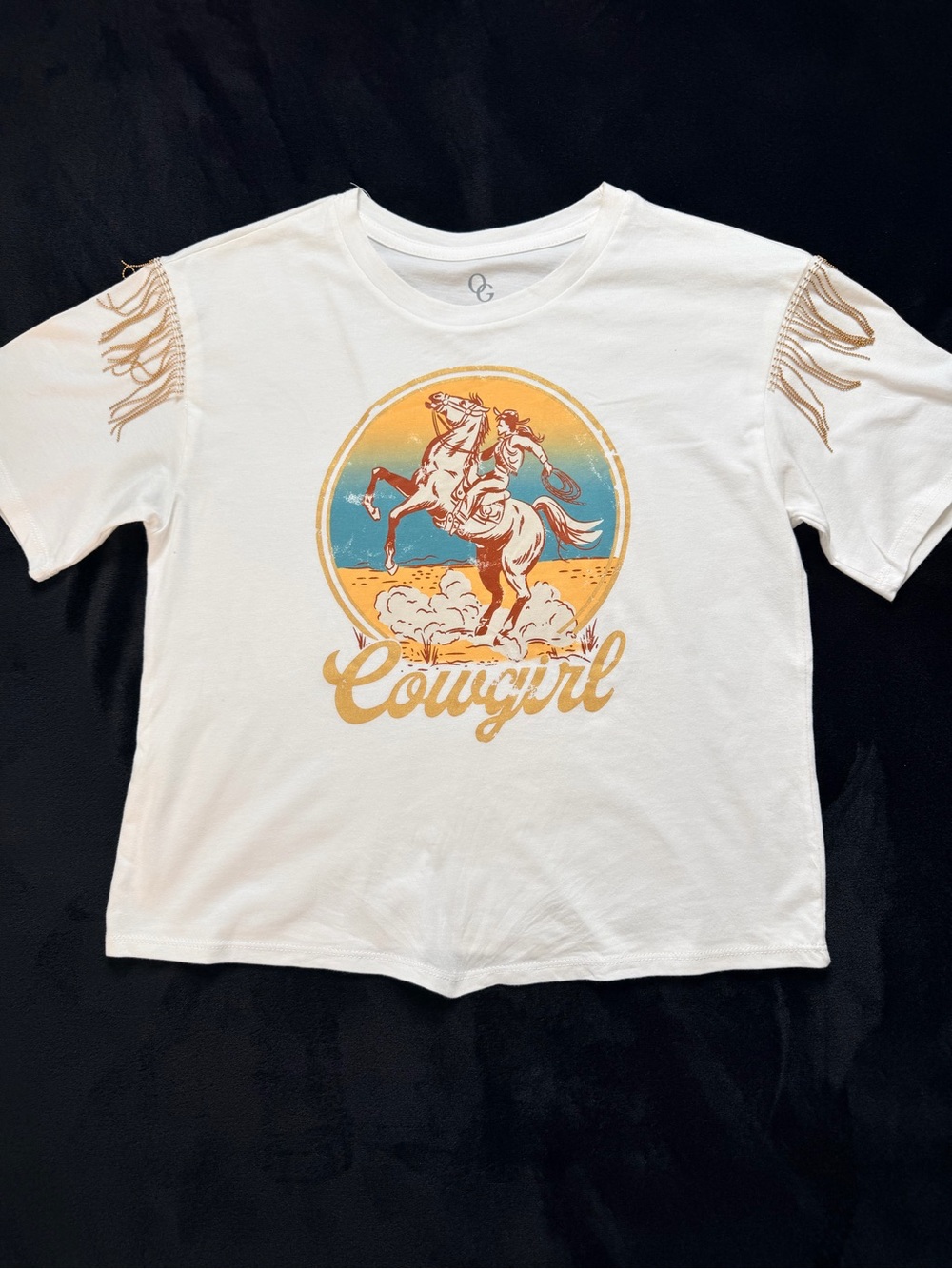 Cowgirl Graphic Gold Chain Fringe Tee - Beige